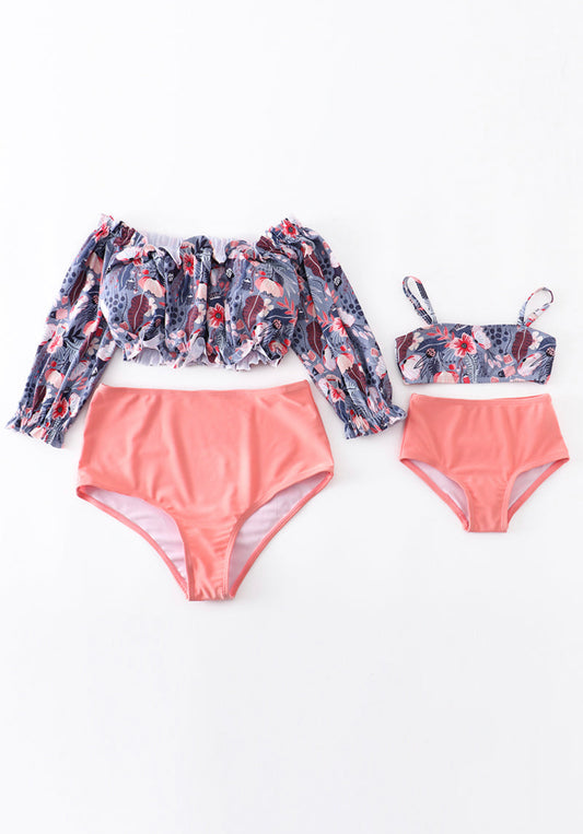 Mommy & Me - Grey Floral High Waist Swimsuit